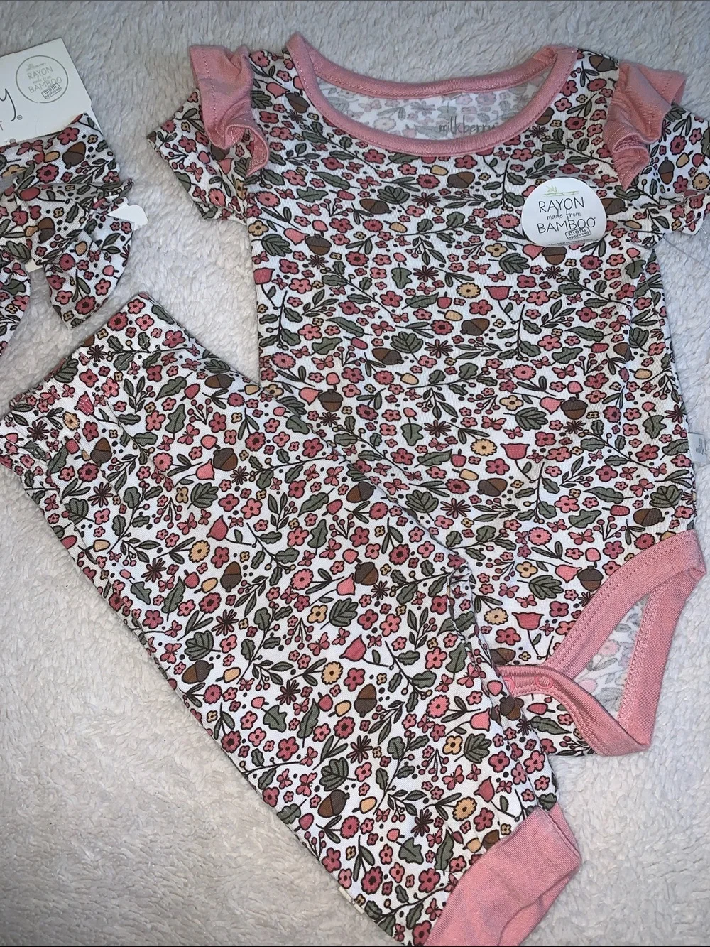 NWT Milkberry 3pc Set 3-6M Bamboo Bodysuit Pants Headband Acorns